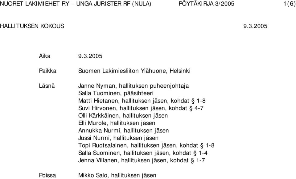 Matti Hietanen, hallituksen jäsen, kohdat 1-8 Suvi Hirvonen, hallituksen jäsen, kohdat 4-7 Olli Kärkkäinen, hallituksen jäsen Elli