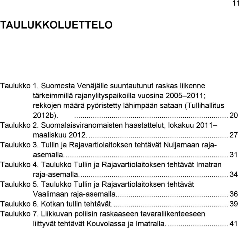 ... 20 Taulukko 2. Suomalaisviranomaisten haastattelut, lokakuu 2011 maaliskuu 2012.... 27 Taulukko 3. Tullin ja Rajavartiolaitoksen tehtävät Nuijamaan rajaasemalla.