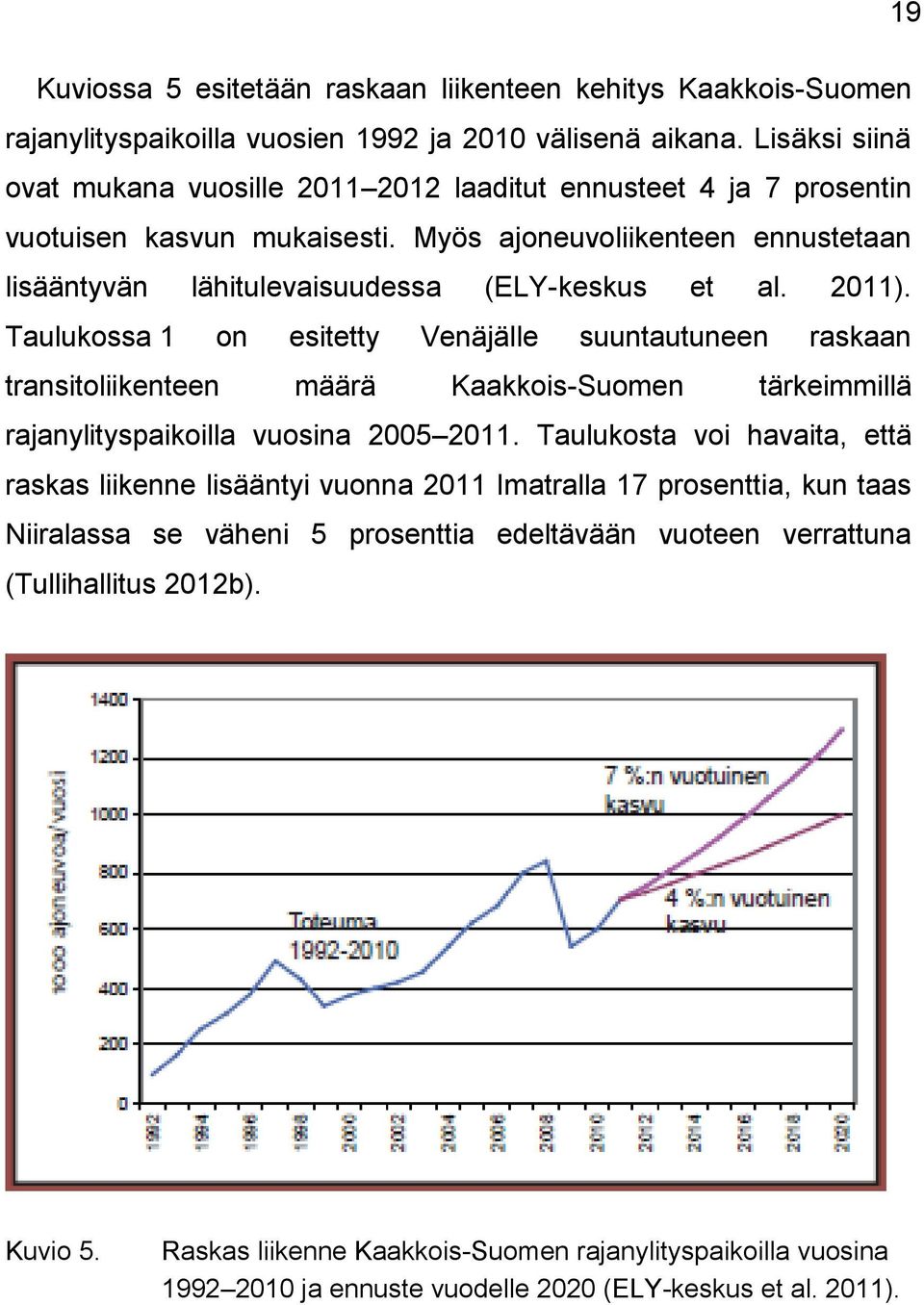 2011). Taulukossa 1 on esitetty Venäjälle suuntautuneen raskaan transitoliikenteen määrä Kaakkois-Suomen tärkeimmillä rajanylityspaikoilla vuosina 2005 2011.