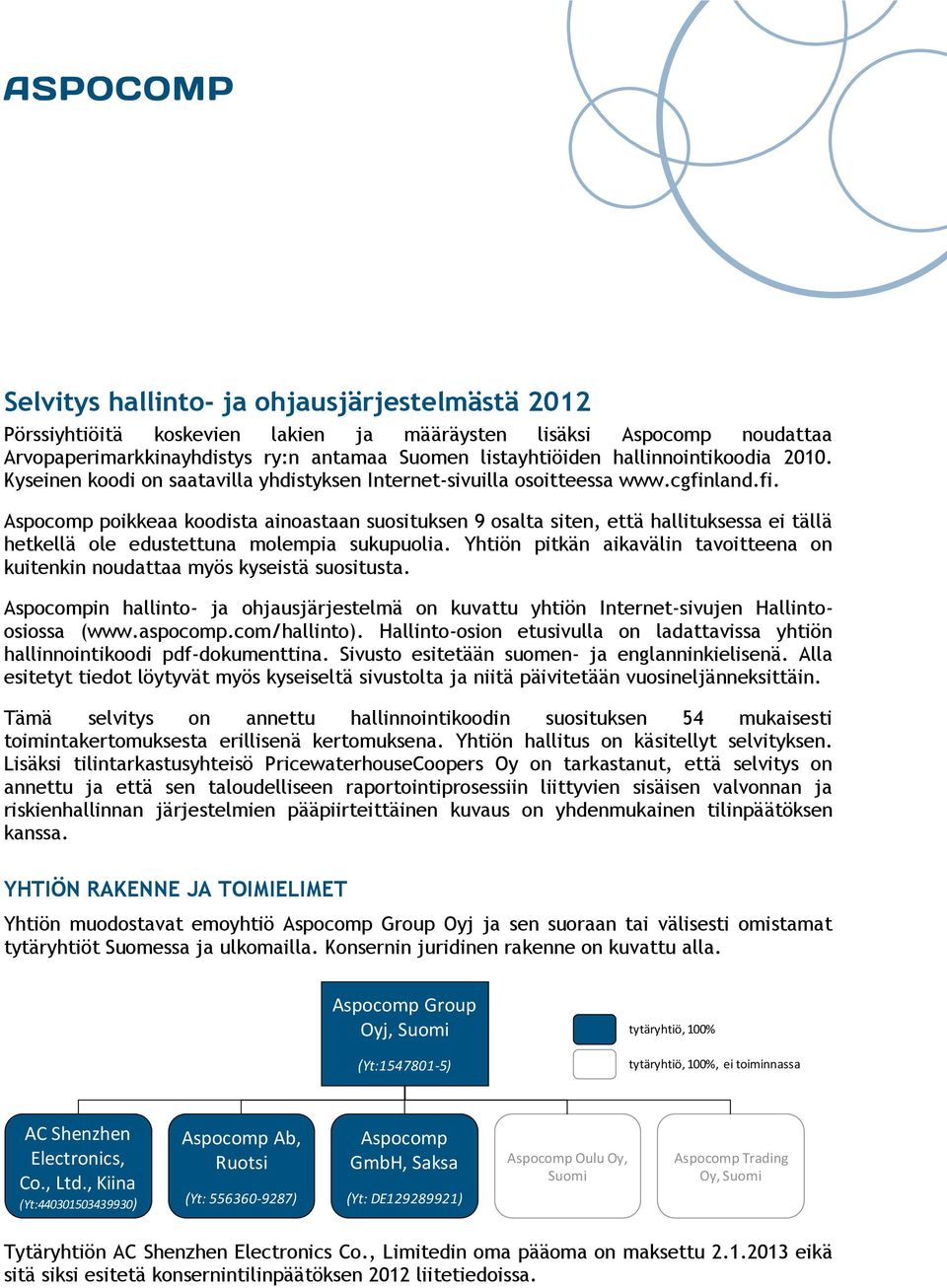 land.fi. Aspocomp poikkeaa koodista ainoastaan suosituksen 9 osalta siten, että hallituksessa ei tällä hetkellä ole edustettuna molempia sukupuolia.