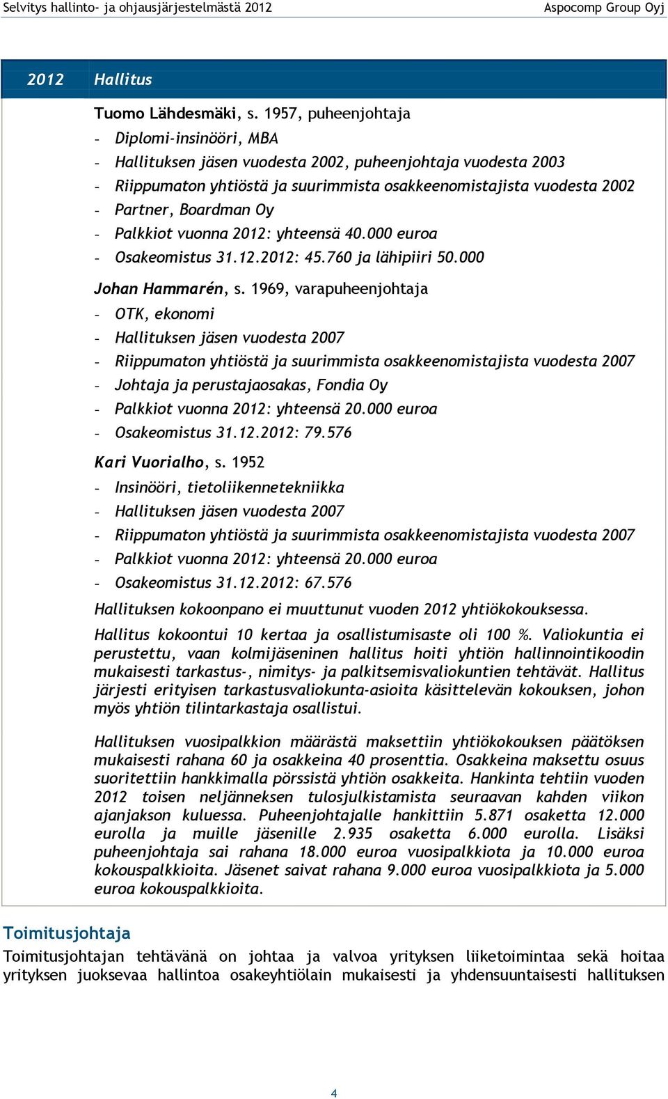 Oy - Palkkiot vuonna 2012: yhteensä 40.000 euroa - Osakeomistus 31.12.2012: 45.760 ja lähipiiri 50.000 Johan Hammarén, s.