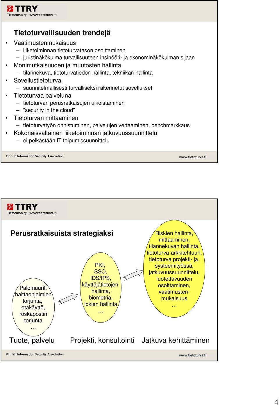 ulkoistaminen security in the cloud Tietoturvan mittaaminen tietoturvatyön onnistuminen, palvelujen vertaaminen, benchmarkkaus Kokonaisvaltainen liiketoiminnan jatkuvuussuunnittelu ei pelkästään IT