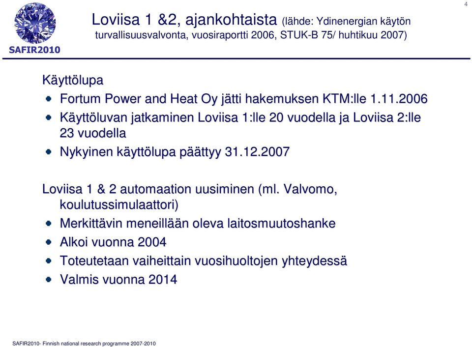 2006 Käyttöluvan jatkaminen Loviisa 1:lle 20 vuodella ja Loviisa 2:lle 23 vuodella Nykyinen käyttölupa päättyy 31.12.