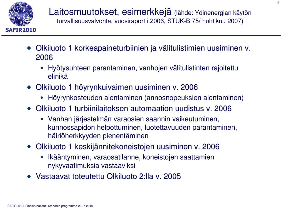 2006 Höyrynkosteuden alentaminen (annosnopeuksien alentaminen) Olkiluoto 1 turbiinilaitoksen automaation uudistus v.