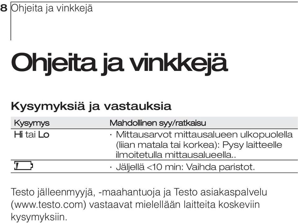 ilmoitetulla mittausalueella.. Jäljellä <10 min: Vaihda paristot.