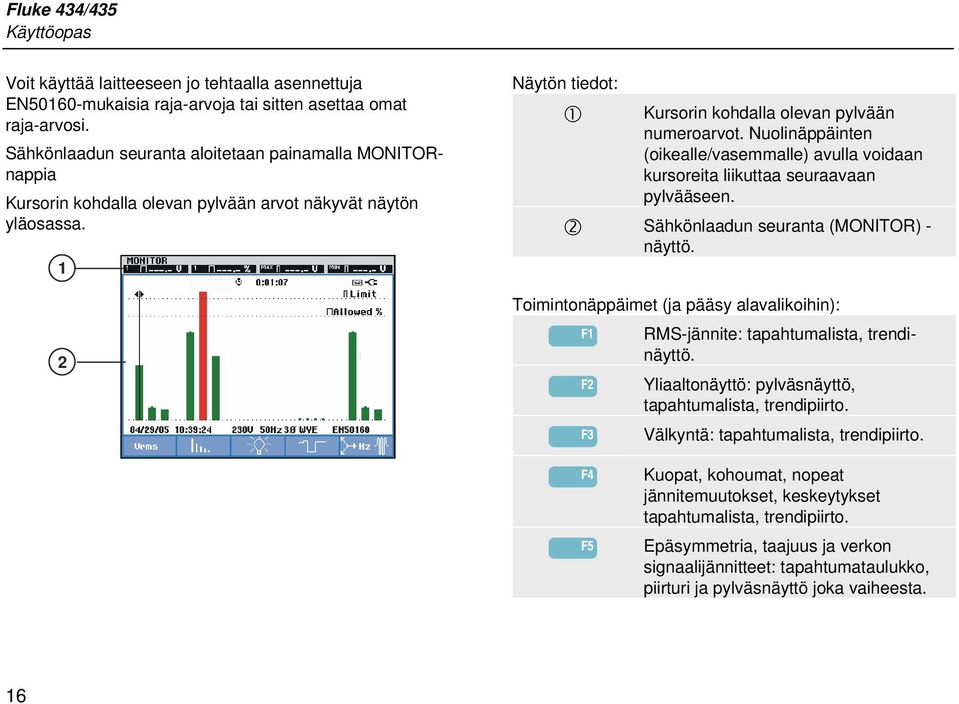 Nuolinäppäinten (oikealle/vasemmalle) avulla voidaan kursoreita liikuttaa seuraavaan pylvääseen. Sähkönlaadun seuranta (MONITOR) - näyttö.