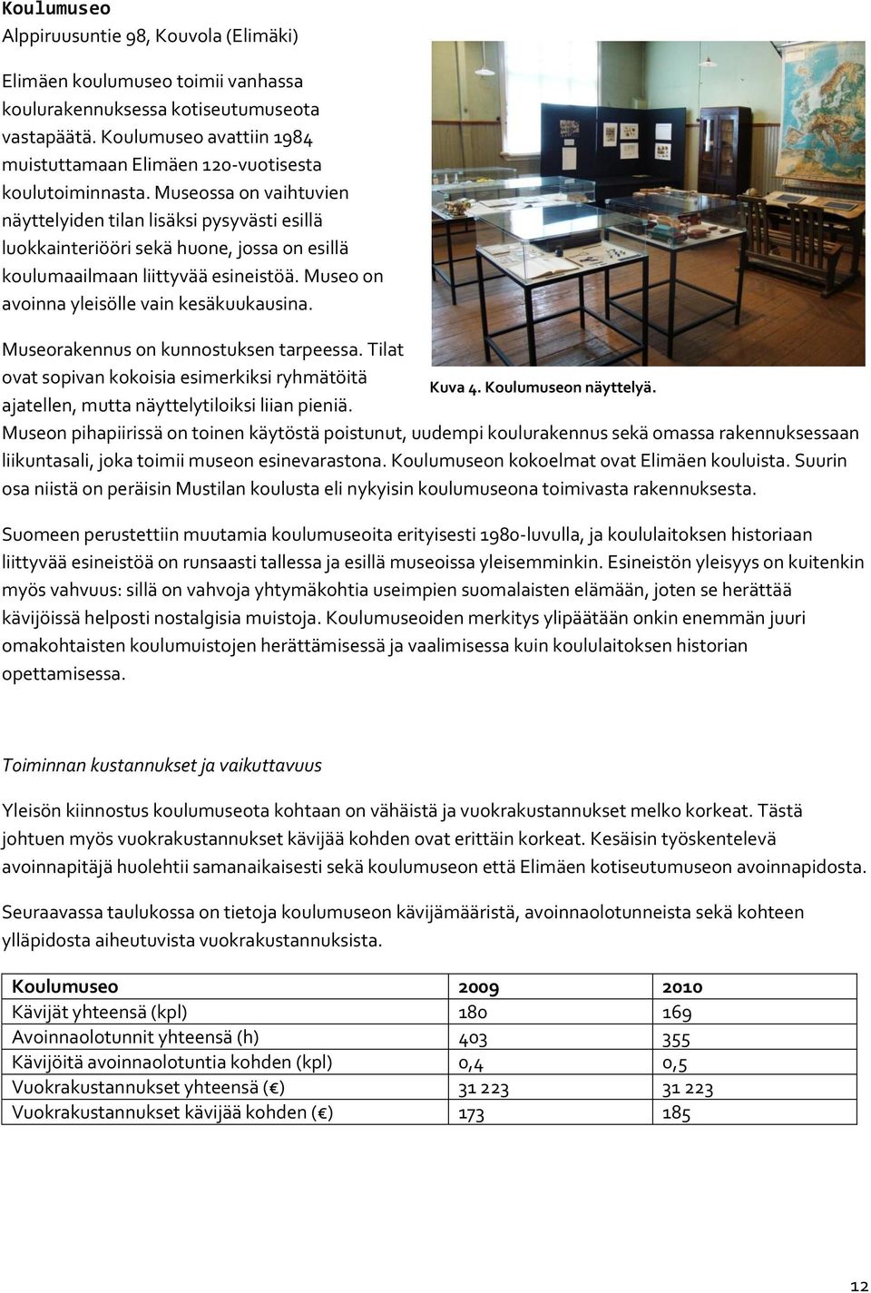 Museossa on vaihtuvien näyttelyiden tilan lisäksi pysyvästi esillä luokkainteriööri sekä huone, jossa on esillä koulumaailmaan liittyvää esineistöä. Museo on avoinna yleisölle vain kesäkuukausina.