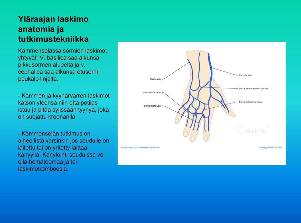 - Kämmen ja kyynärvarren laskimot katson yleensä niin että potilas istuu ja pitää sylissään tyynyä, joka on