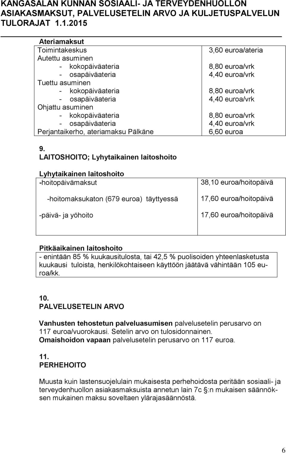 LAITOSHOITO; Lyhytaikainen laitoshoito 3,60 euroa/ateria 8,80 euroa/vrk 4,40 euroa/vrk 8,80 euroa/vrk 4,40 euroa/vrk 8,80 euroa/vrk 4,40 euroa/vrk 6,60 euroa Lyhytaikainen laitoshoito