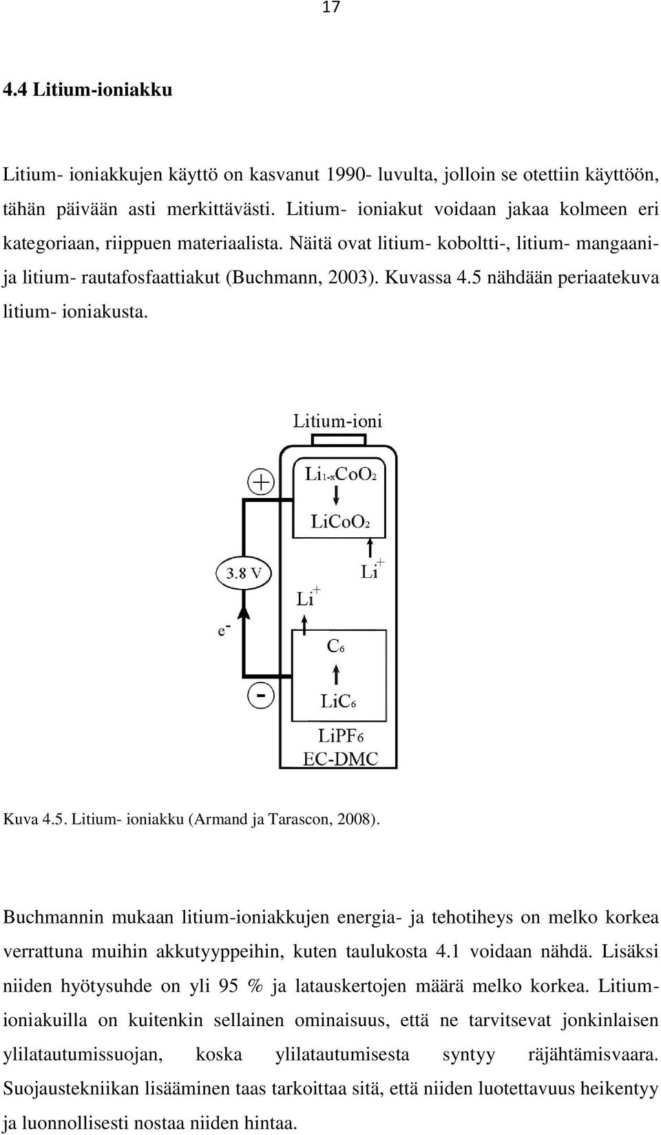 5 nähdään periaatekuva litium- ioniakusta. Kuva 4.5. Litium- ioniakku (Armand ja Tarascon, 2008).