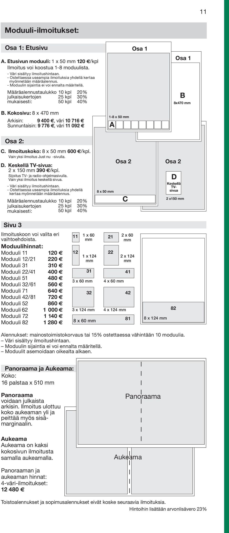 Määräalennustaulukko julkaisukertojen mukaisesti: 0 kpl 0 kpl 0 0 kpl 0 Osa Osa B x0 mm B. Kokosivu: x 0 mm Arkisin: 00, väri 0 Sunnuntaisin:, väri 0 Osa : C. Ilmoituskoko: x 0 mm 00 /kpl.