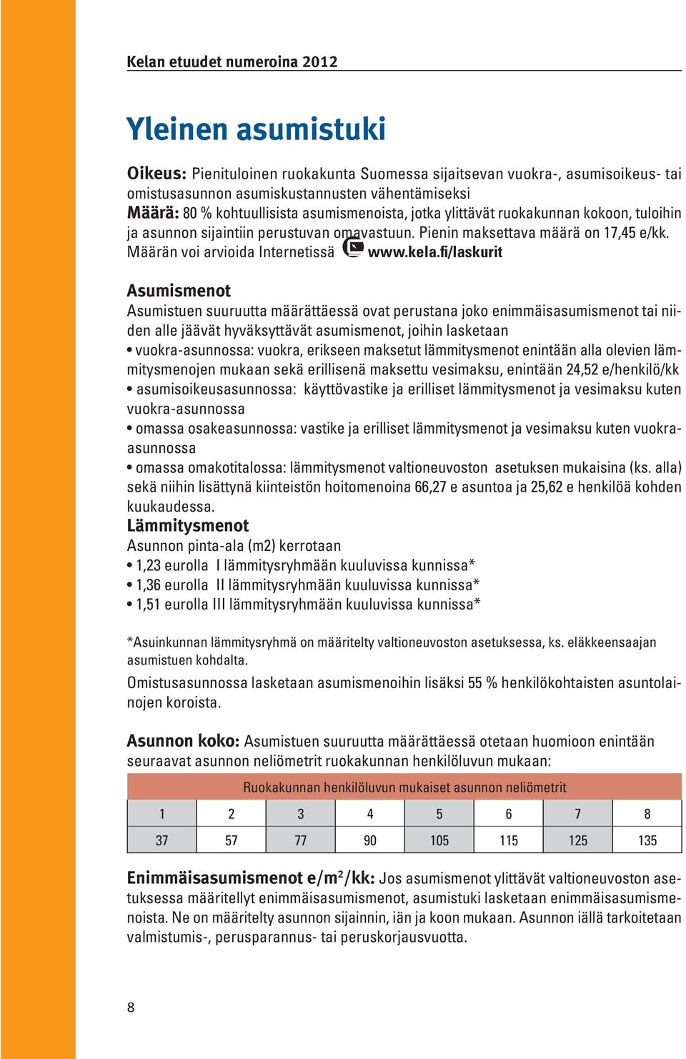 kela.fi/laskurit Asumismenot Asumistuen suuruutta määrättäessä ovat perustana joko enimmäisasumismenot tai niiden alle jäävät hyväksyttävät asumismenot, joihin lasketaan vuokra-asunnossa: vuokra,