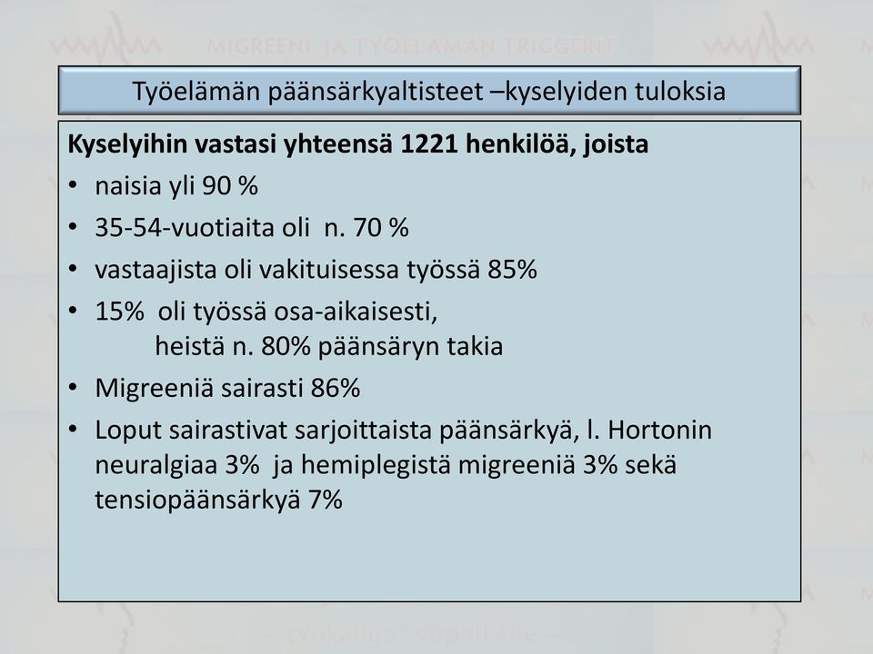 70 % vastaajista oli vakituisessa työssä 85% 15% oli työssä osa-aikaisesti, heistä n.