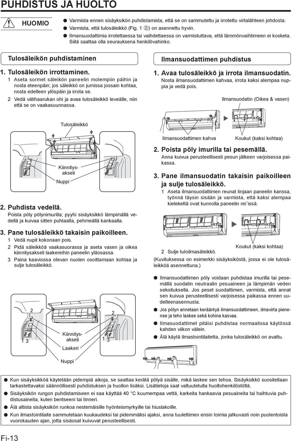 Tulosäleikön puhdistaminen Ilmansuodattimen puhdistus 1. Tulosäleikön irrottaminen. 1. Avaa tulosäleikkö ja irrota ilmansuodatin.
