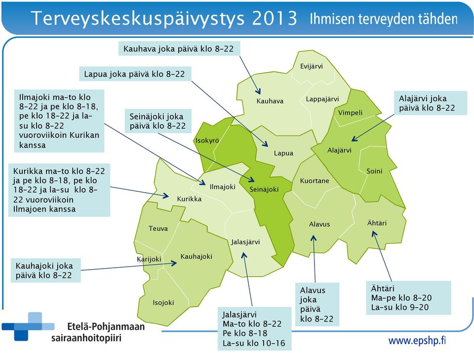 ja pe klo 8 18, pe klo 18 22 ja la su klo 8 22 vuoroviikoin Ilmajoen kanssa Kurikka Ilmajoki Seinäjoki Kuortane Soini Teuva Alavus Ähtäri Jalasjärvi Kauhajoki