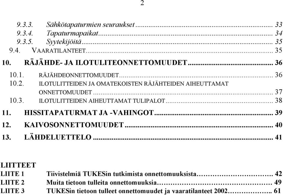 .. 37 10.3. ILOTULITTEIDEN AIHEUTTAMAT TULIPALOT... 38 11. HISSITAPATURMAT JA -VAHINGOT... 39 12. KAIVOSONNETTOMUUDET... 40 13. LÄHDELUETTELO.