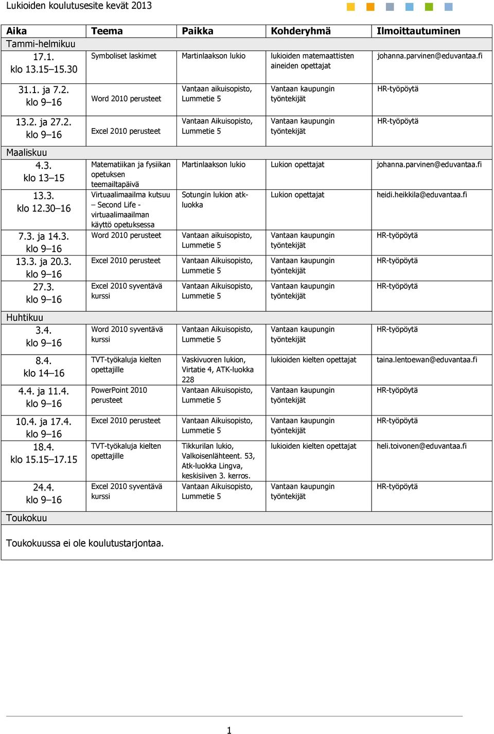 4. ja 11.4. 10.4. ja 17.4. 18.4. klo 15.15 17.15 24.4. Toukokuu Matematiikan ja fysiikan opetuksen teemailtapäivä Virtuaalimaailma kutsuu Second Life - virtuaalimaailman käyttö opetuksessa Word 2010