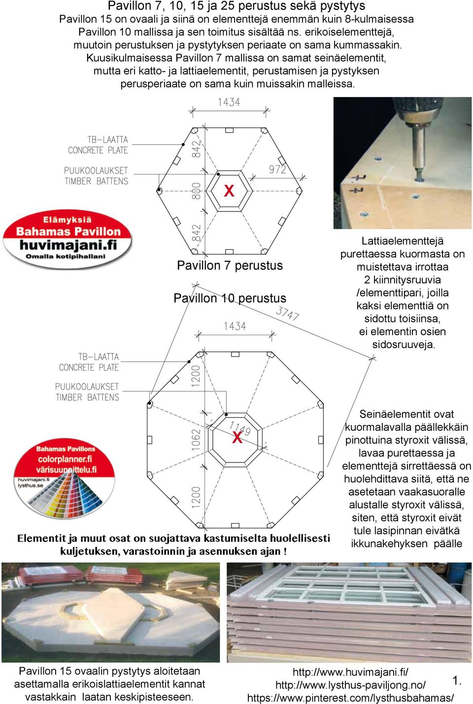 Kuusikulmaisessa Pavillon 7 mallissa on samat seinäelementit, mutta eri katto- ja lattiaelementit, perustamisen ja pystyksen perusperiaate on sama kuin muissakin malleissa.