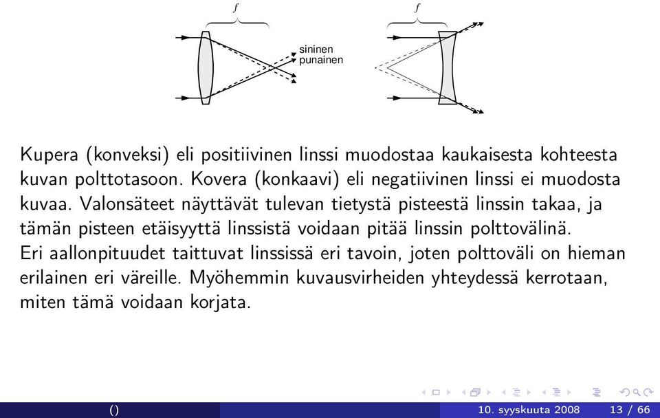 Valonsäteet näyttävät tulevan tietystä pisteestä linssin takaa, ja tämän pisteen etäisyyttä linssistä voidaan pitää linssin