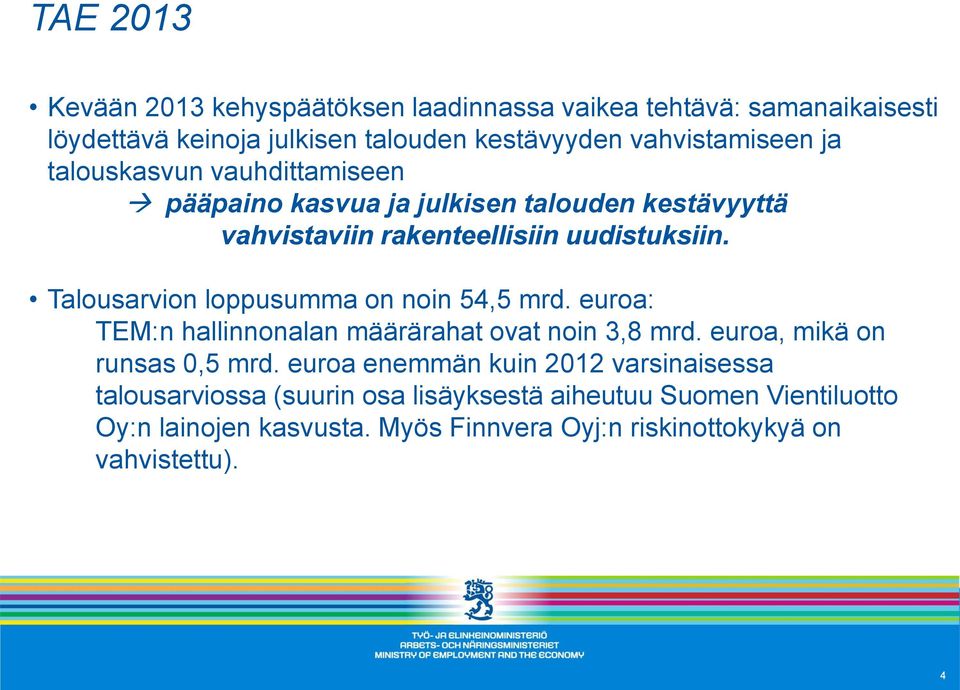 Talousarvion loppusumma on noin 54,5 mrd. euroa: TEM:n hallinnonalan määrärahat ovat noin 3,8 mrd. euroa, mikä on runsas 0,5 mrd.