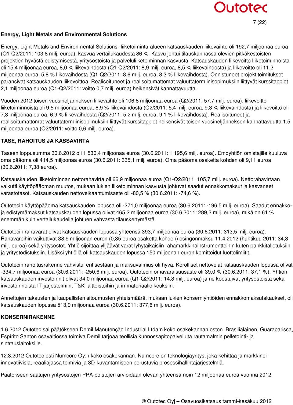 Katsauskauden liikevoitto liiketoiminnoista oli 15,4 miljoonaa euroa, 8,0 % liikevaihdosta (Q1-Q2/2011: 8,9 milj.