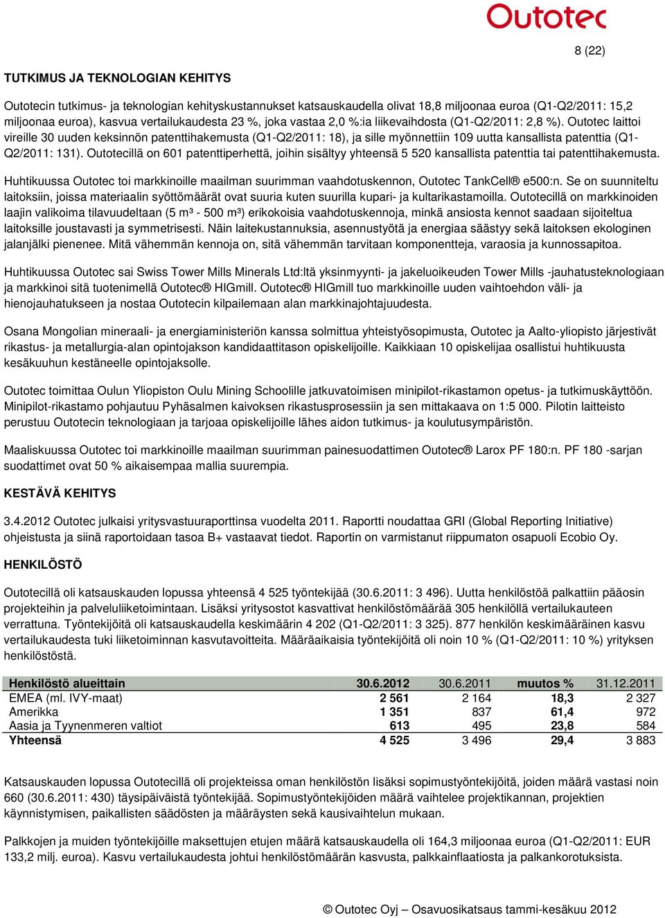 Outotec laittoi vireille 30 uuden keksinnön patenttihakemusta (Q1-Q2/2011: 18), ja sille myönnettiin 109 uutta kansallista patenttia (Q1- Q2/2011: 131).