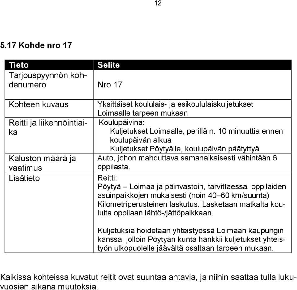 oppilaiden asuinpaikkojen mukaisesti (noin 40 60 km/suunta) Kilometriperusteinen laskutus. Lasketaan matkalta koululta oppilaan lähtö-/jättöpaikkaan.
