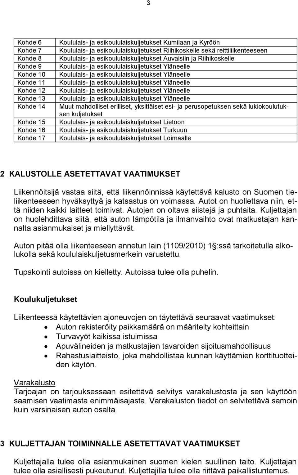 lukiokoulutuksen kuljetukset Koululais- ja esikoululaiskuljetukset Lietoon Koululais- ja esikoululaiskuljetukset Turkuun Koululais- ja esikoululaiskuljetukset Loimaalle 2 KALUSTOLLE ASETETTAVAT