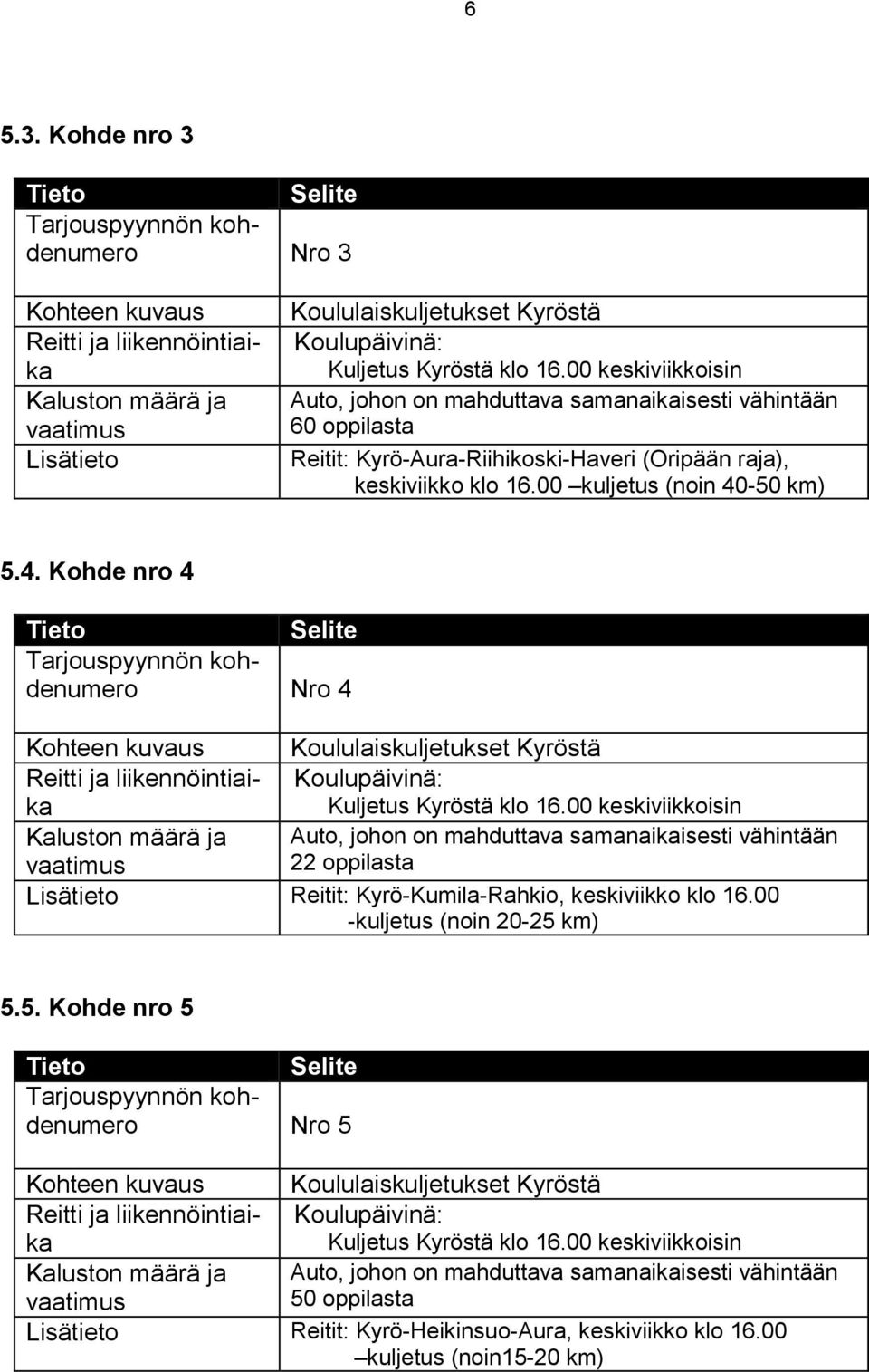 00 kuljetus (noin 40-50 km) 5.4. Kohde nro 4 Nro 4 Koululaiskuljetukset Kyröstä Kuljetus Kyröstä klo 16.