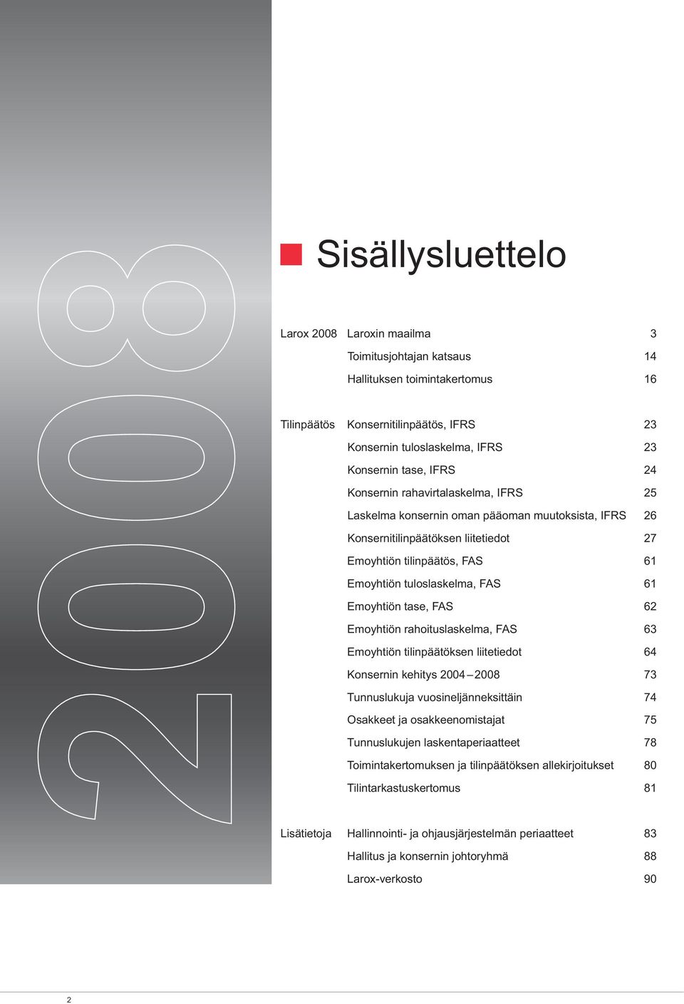 62 Emoyhtiön rahoituslaskelma, FAS 63 Emoyhtiön tilinpäätöksen liitetiedot 64 Konsernin kehitys 2004 2008 73 Tunnuslukuja vuosineljänneksittäin 74 Osakkeet ja osakkeenomistajat 75 Tunnuslukujen