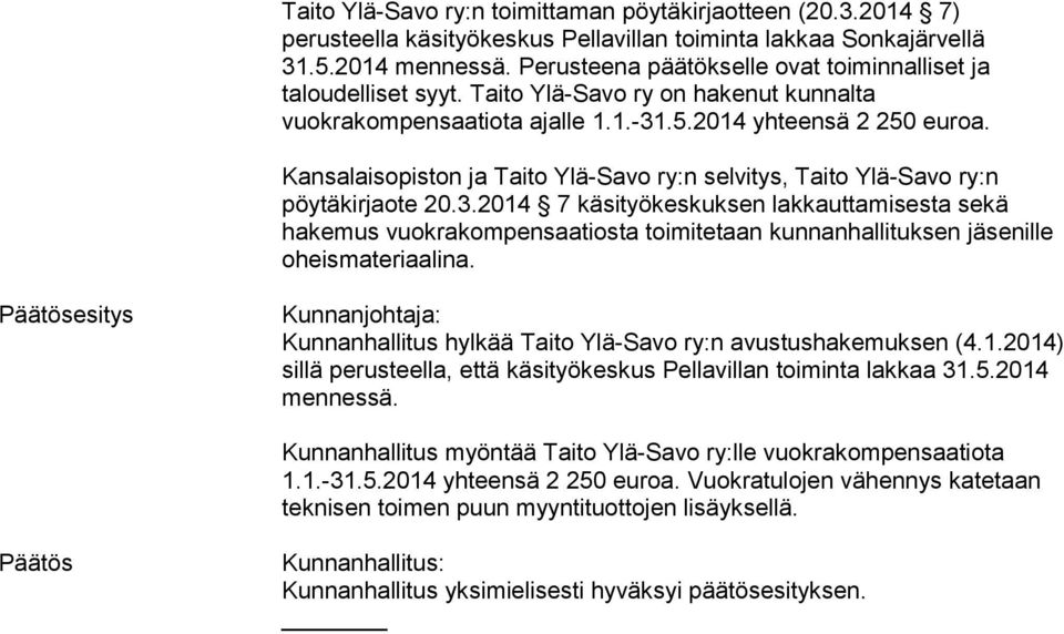 Kansalaisopiston ja Taito Ylä-Savo ry:n selvitys, Taito Ylä-Savo ry:n pöytäkirjaote 20.3.