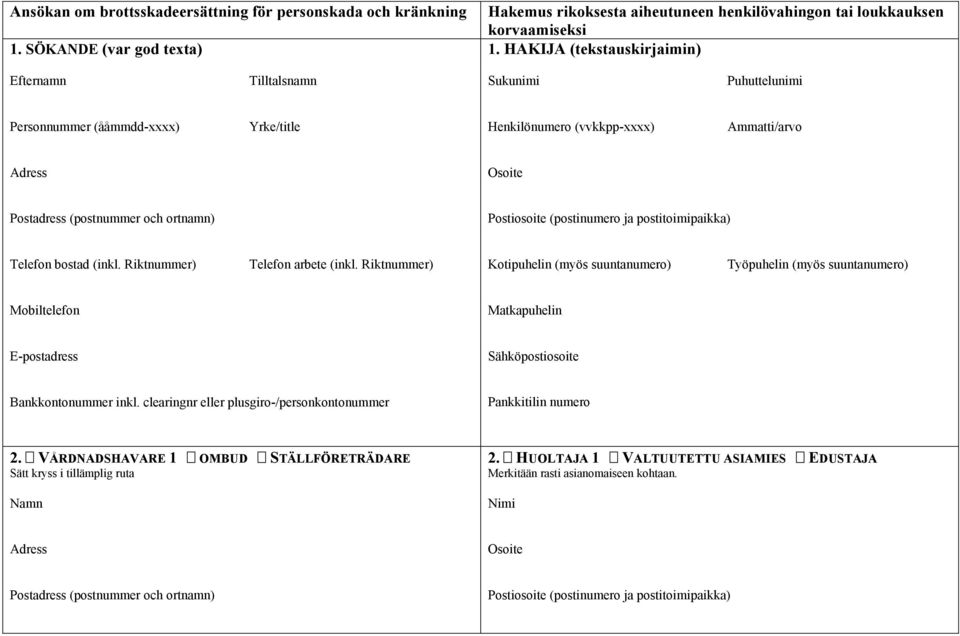 (postinumero ja postitoimipaikka) Telefon bostad (inkl. Riktnummer) Telefon arbete (inkl.