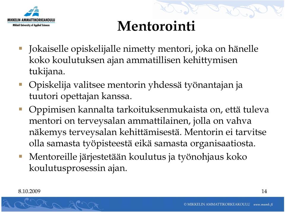 Oppimisen kannalta tarkoituksenmukaista on, että tuleva mentori on terveysalan ammattilainen, jolla on vahva näkemys terveysalan