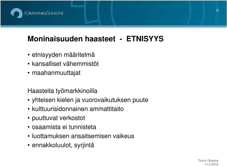 vuorovaikutuksen puute kulttuurisidonnainen ammattitaito puuttuvat