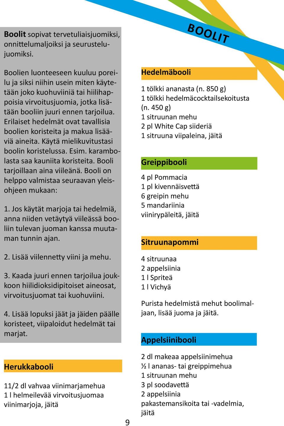 Erilaiset hedelmät ovat tavallisia boolien koristeita ja makua lisääviä aineita. Käytä mielikuvitustasi boolin koristelussa. Esim. karambolasta saa kauniita koristeita.