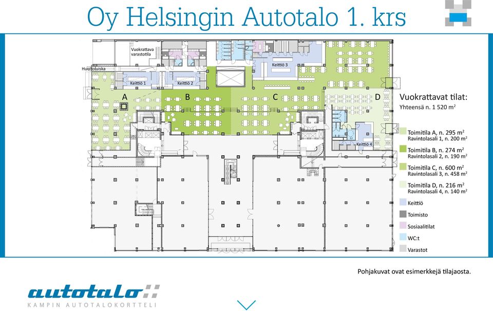 1 520 m 2 Keittiö 4 Toimitila A, n. 295 m 2 Ravintolasali 1, n. 200 m 2 Toimitila B, n.