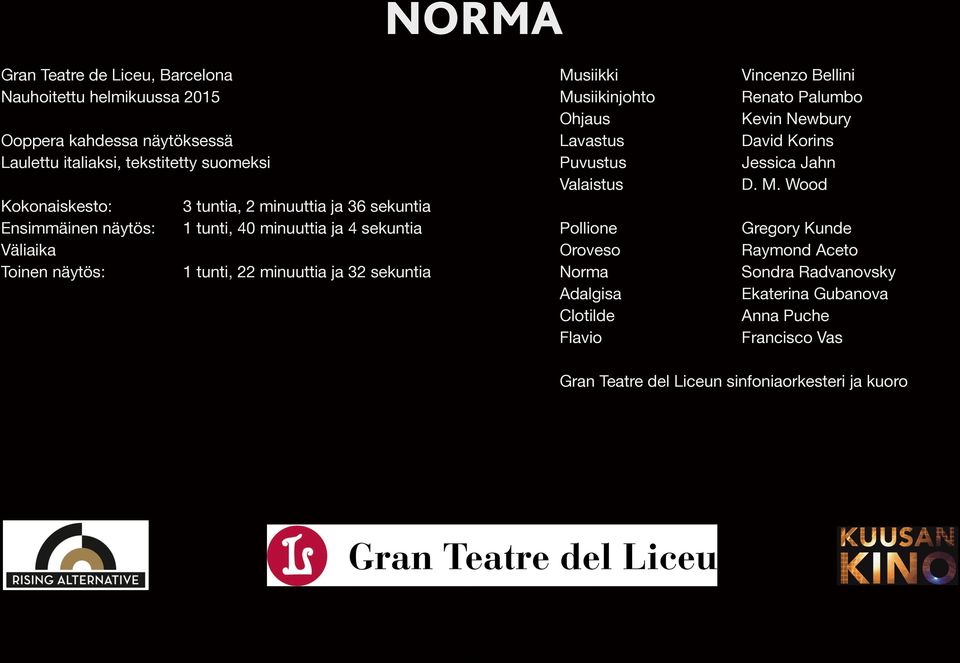 Musiikki Musiikinjohto Ohjaus Lavastus Puvustus Valaistus Pollione Oroveso Norma Adalgisa Clotilde Flavio Vincenzo Bellini Renato Palumbo Kevin Newbury David