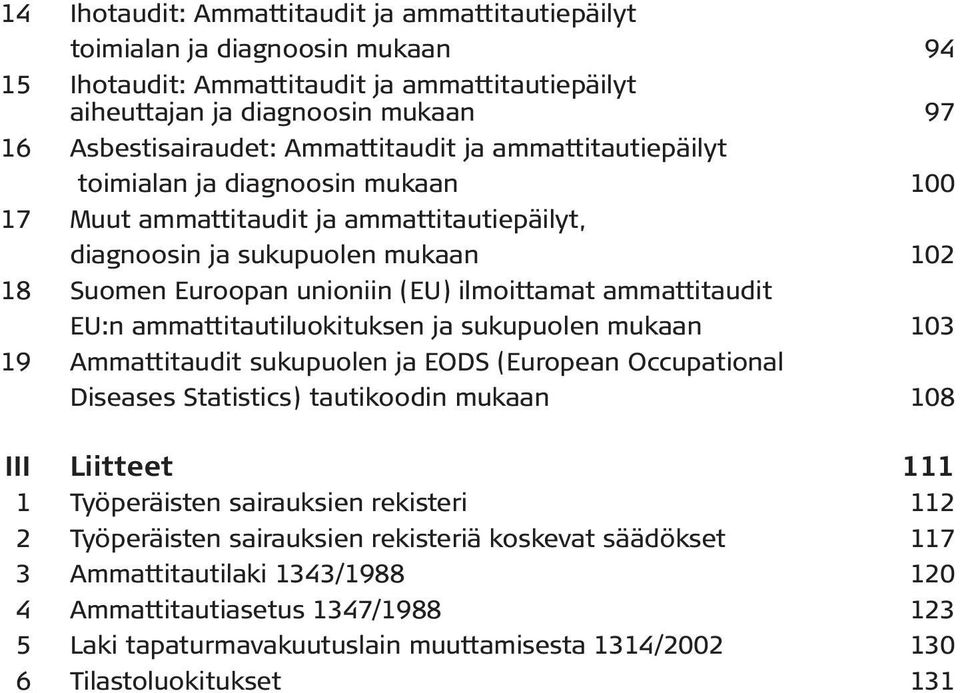 ammattitaudit EU:n ammattitautiluokituksen ja sukupuolen mukaan 103 19 Ammattitaudit sukupuolen ja EODS (European Occupational Diseases Statistics) tautikoodin mukaan 108 III Liitteet 111 1