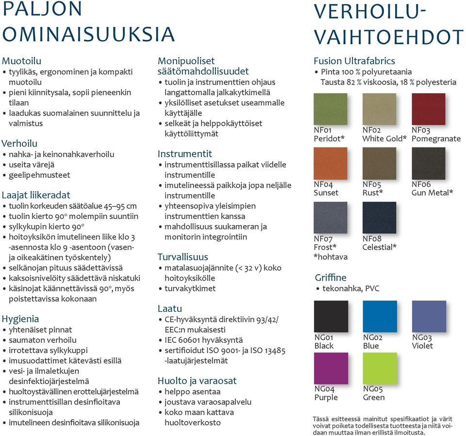 3 -asennosta klo 9 -asentoon (vasenja oikeakätinen työskentely) selkänojan pituus säädettävissä kaksoisnivelöity säädettävä niskatuki käsinojat käännettävissä 90 o, myös poistettavissa kokonaan