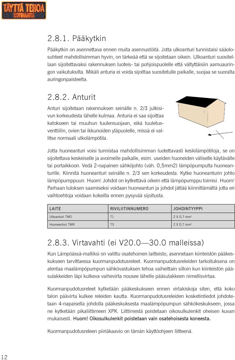 Mikäli anturia ei voida sijoittaa suositetulle paikalle, suojaa se suoralta auringonpaisteelta. 2.8.2. Anturit Anturi sijoitetaan rakennuksen seinälle n. 2/3 julkisivun korkeudesta lähelle kulmaa.