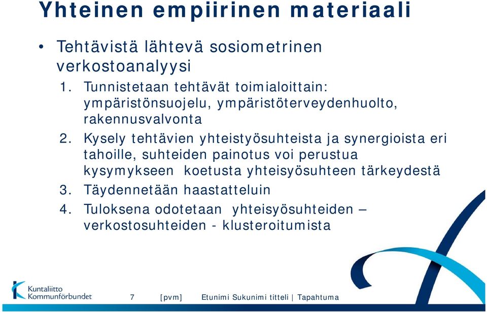 Kysely tehtävien yhteistyösuhteista ja synergioista eri tahoille, suhteiden painotus voi perustua kysymykseen