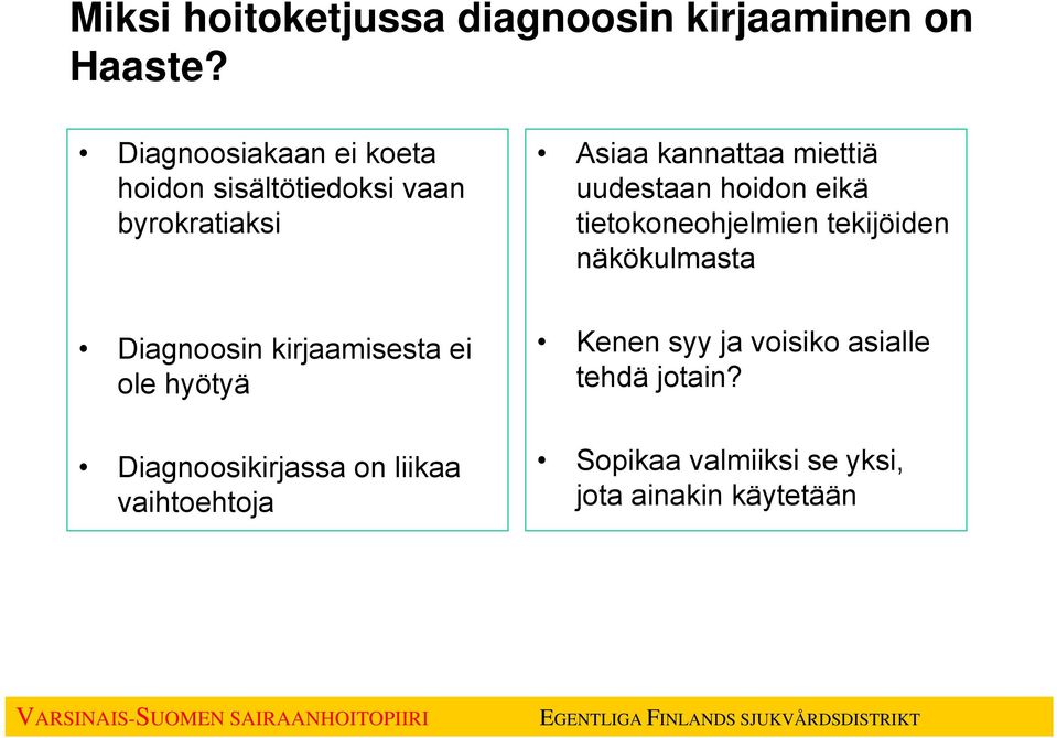 uudestaan hoidon eikä tietokoneohjelmien tekijöiden näkökulmasta Diagnoosin kirjaamisesta ei