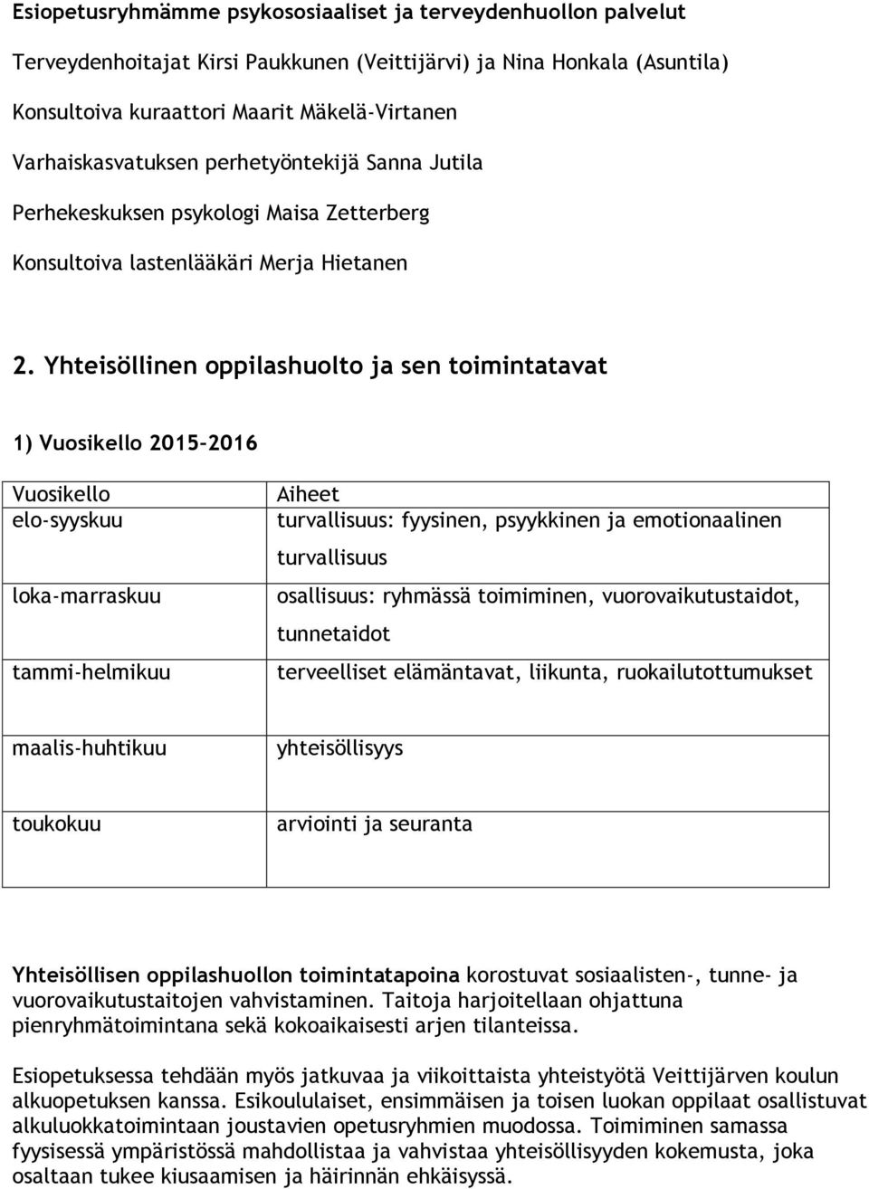 Yhteisöllinen oppilashuolto ja sen toimintatavat 1) Vuosikello 2015 2016 Vuosikello elo-syyskuu loka-marraskuu tammi-helmikuu Aiheet turvallisuus: fyysinen, psyykkinen ja emotionaalinen turvallisuus