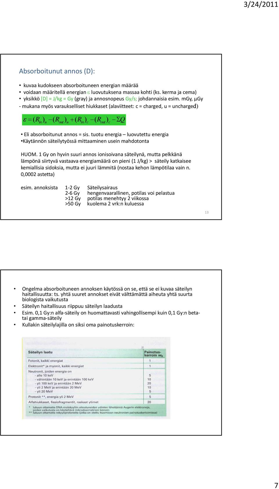 mgy, µgy mukana myös varaukselliset hiukkaset (alaviitteet: c = charged, u = uncharged) ( R ) ( R ) ( R ) ( R ) Q in u out u in c out c Eli absorboitunut annos = sis.