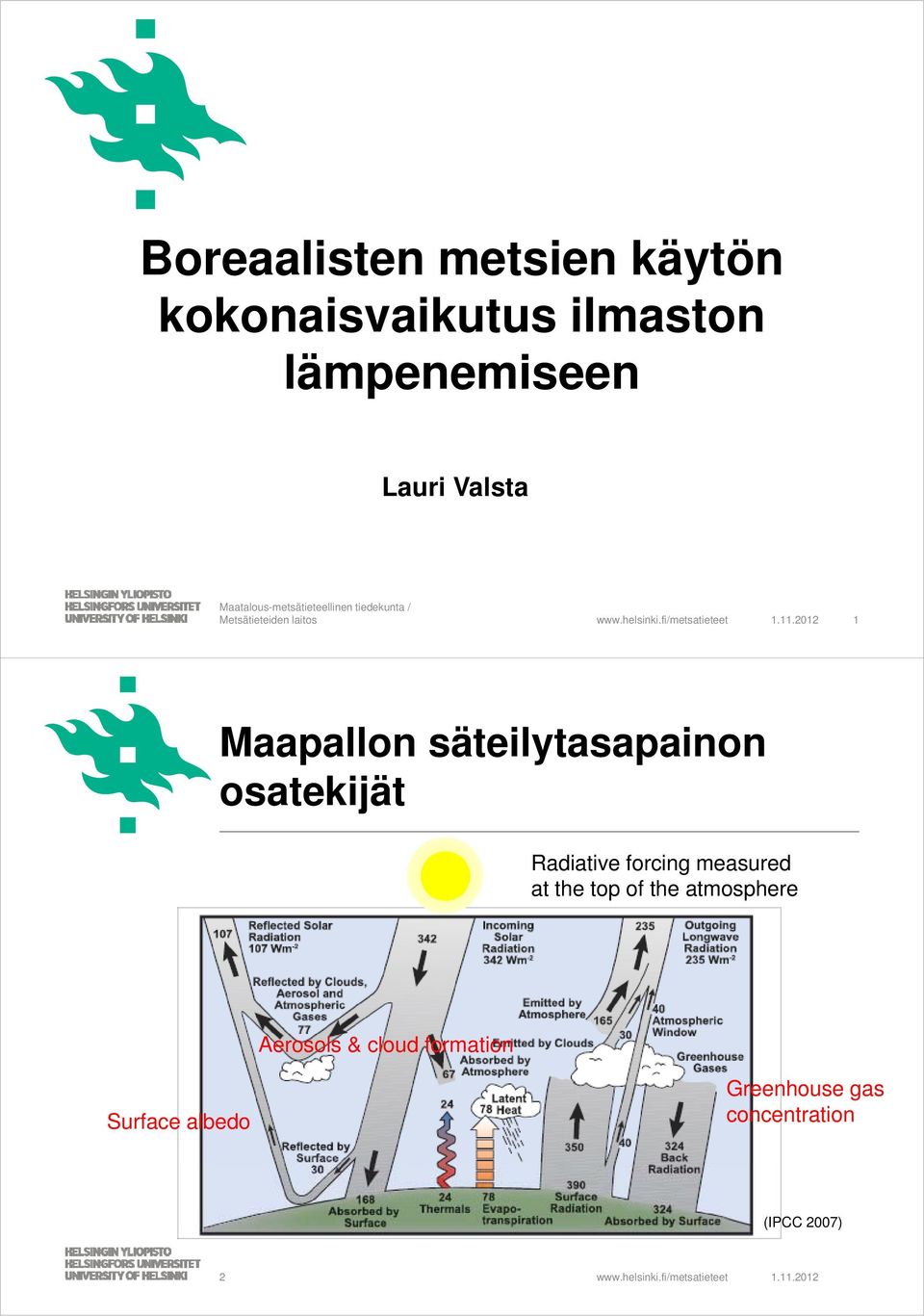 2012 1 Maapallon säteilytasapainon osatekijät Radiative forcing measured at the top of