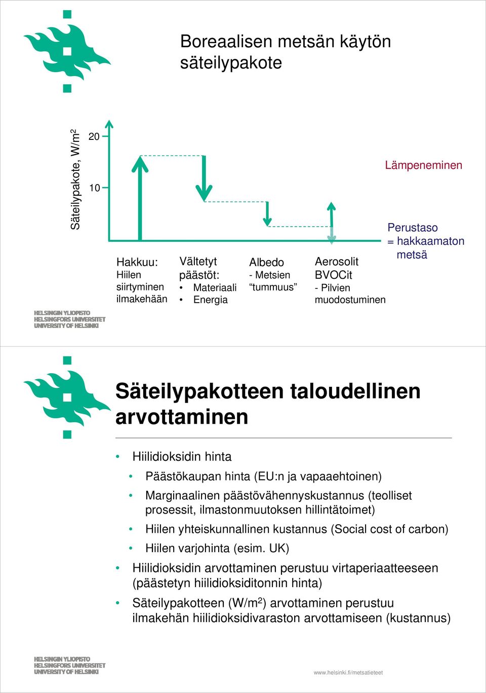 Marginaalinen päästövähennyskustannus (teolliset prosessit, ilmastonmuutoksen hillintätoimet) Hiilen yhteiskunnallinen kustannus (Social cost of carbon) Hiilen varjohinta (esim.