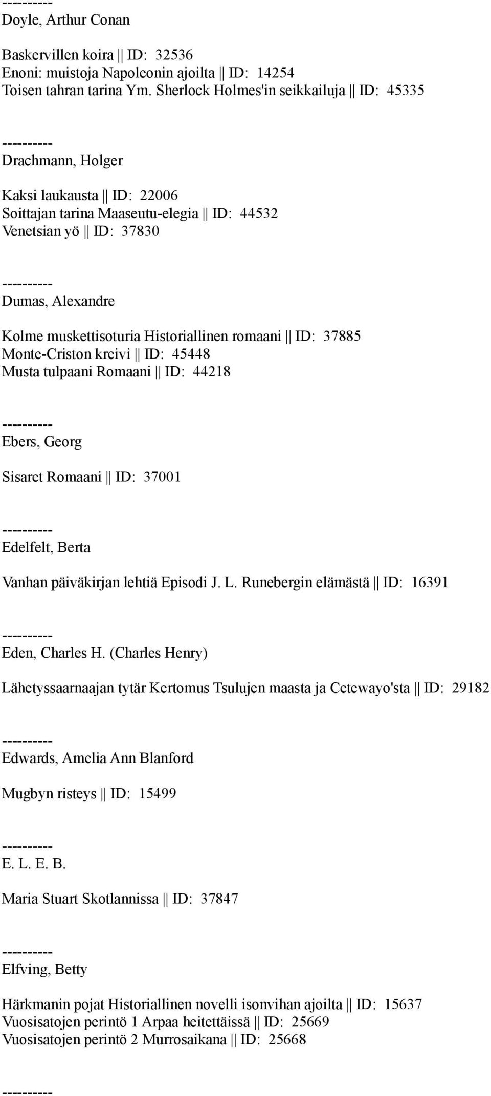 Historiallinen romaani ID: 37885 Monte-Criston kreivi ID: 45448 Musta tulpaani Romaani ID: 44218 Ebers, Georg Sisaret Romaani ID: 37001 Edelfelt, Berta Vanhan päiväkirjan lehtiä Episodi J. L.