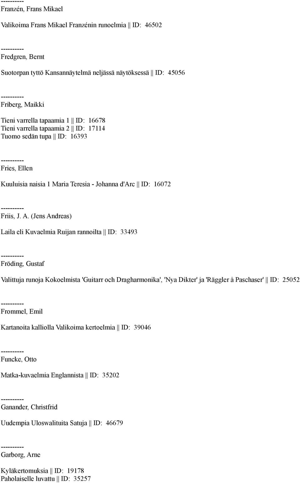(Jens Andreas) Laila eli Kuvaelmia Ruijan rannoilta ID: 33493 Fröding, Gustaf Valittuja runoja Kokoelmista 'Guitarr och Dragharmonika', 'Nya Dikter' ja 'Räggler å Paschaser' ID: 25052 Frommel,