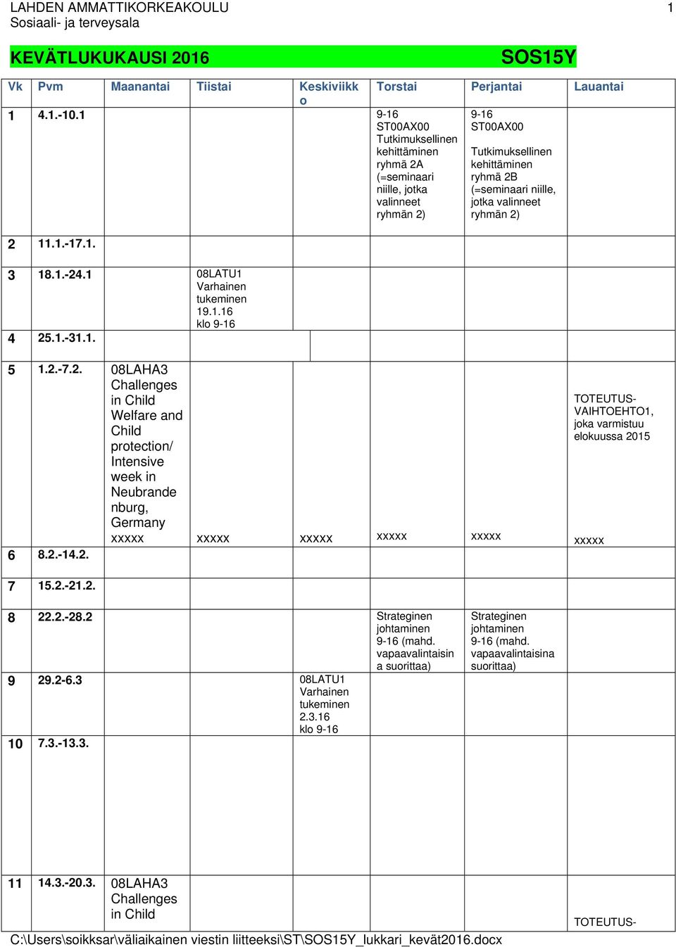 2.-7.2. 08LAHA3 Challenges in Child Welfare and Child protection/ Intensive week in Neubrande nburg, Germany 6 8.2.-14.2. TOTEUTUS- VAIHTOEHTO1, joka varmistuu elokuussa 2015 7 15.2.-21.2. 8 22.2.-28.