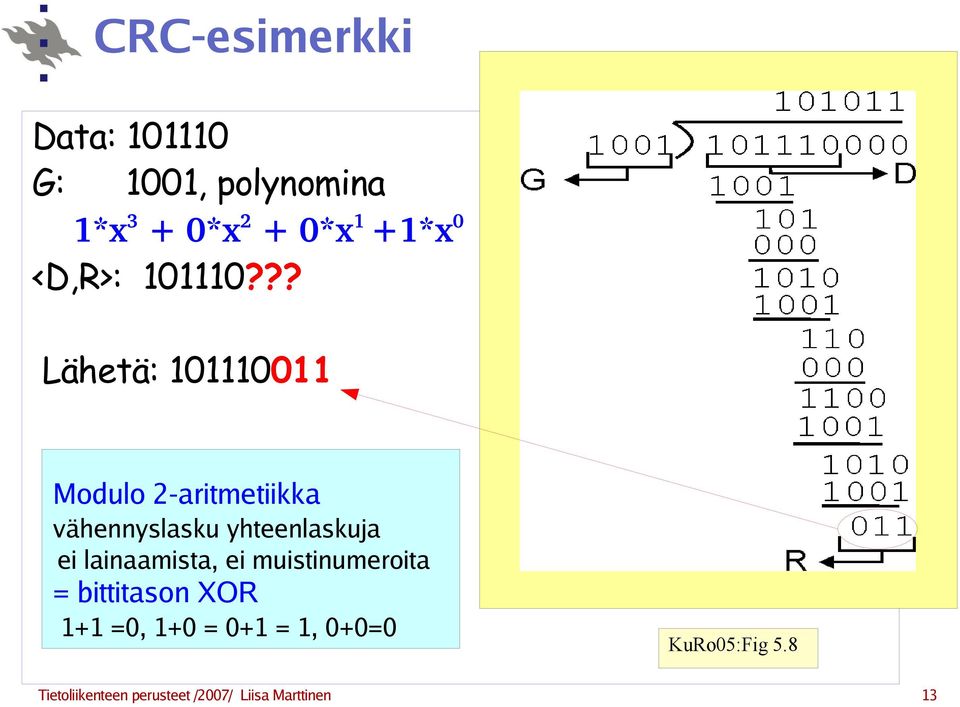 ?? Lähetä: 101110011 Modulo 2-aritmetiikka vähennyslasku yhteenlaskuja ei